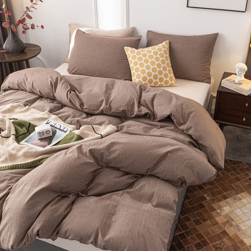 Janlive Washed Cotton Duvet Cover Queen Ultra Soft 100% Cotton Solid Color Coffee Duvet Cover Set with Zipper Closure -3 Pieces Coffee Queen - Image 3